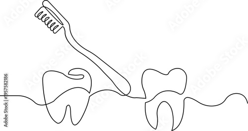 Toothbrush and tooth vector  with dental hygiene care icons, oral health cleaning symbol continuous line art silhouette outline isolated on transparent background minimalist design