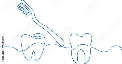 Toothbrush and tooth vector  with dental hygiene care icons, oral health cleaning symbol continuous line art silhouette outline isolated on transparent background minimalist design