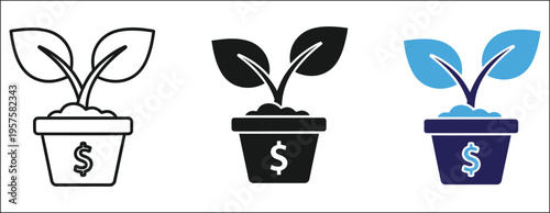 Three plant growth stages with dollar sign pots