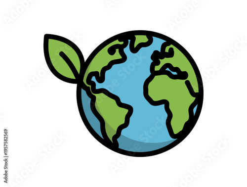 A colorful vector illustration of the Earth with a green leaf, symbolizing eco-friendliness and sustainability.