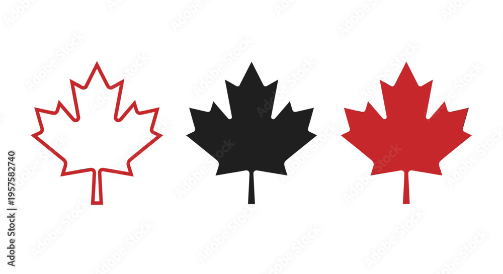 Fototapeta premium Professional collection of maple leaf icons in red outline, solid black, and solid red styles isolated on white background for Canadian national and nature concepts.