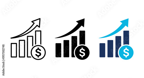 Professional collection of financial growth icons featuring bar charts with upward arrows and dollar signs in outline, solid black, and blue styles isolated on white background for business and invest