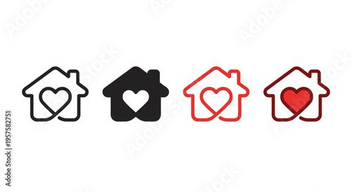 Professional collection of house and heart icons featuring home silhouettes with integrated heart shapes in outline, solid black, and red styles isolated on white background for real estate and charit
