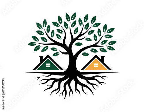 A vector graphic illustration of a tree with roots and leaves, symbolizing growth and harmony between nature and homes.