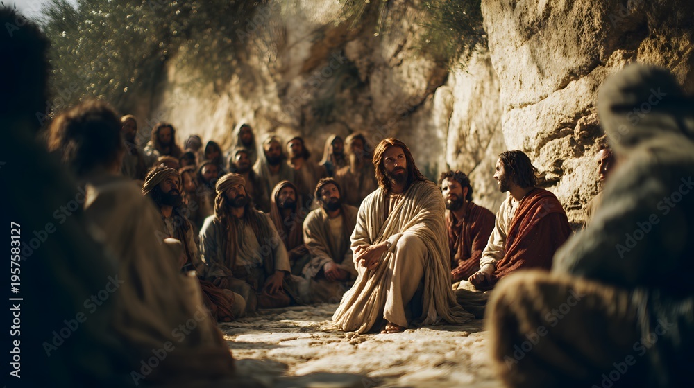Obraz premium Christ teaching a gathered crowd after raising Lazarus, open space near the burial site with attentive listeners, natural directional light illuminating Christ as focal point, medium shot with a 50mm 