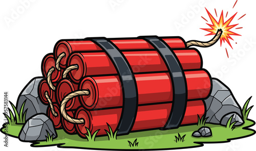 Cartoon dynamite bundle with lit fuse on grass and rocks, vector illustration symbolizing explosive danger and dramatic action