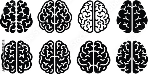 Eight black and white illustrations of human brain