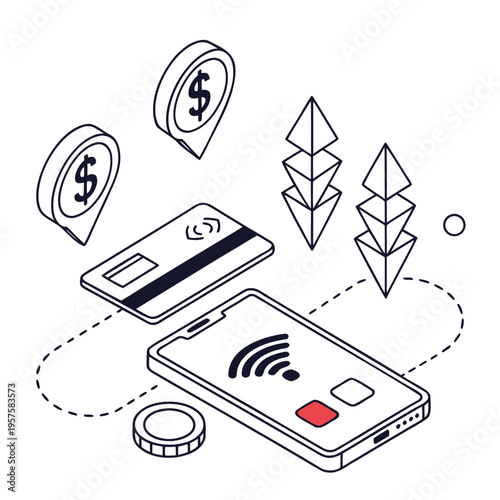 Mobile phone with credit card and cryptocurrency symbols