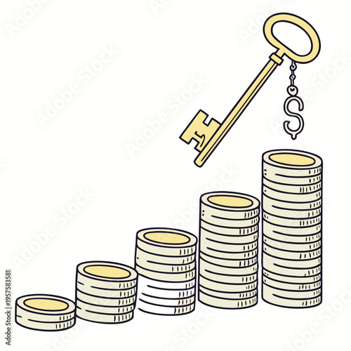 A cartoon drawing of a key over stacks of coins