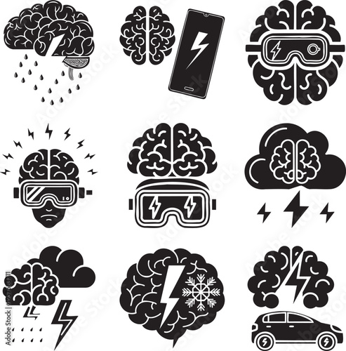 Collection of nine black and white depicting brains with various and weather symbols msea set