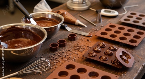 A pastry chef's workspace with bowls of melted dark chocolate, silicone molds, and professional confectionery tools.