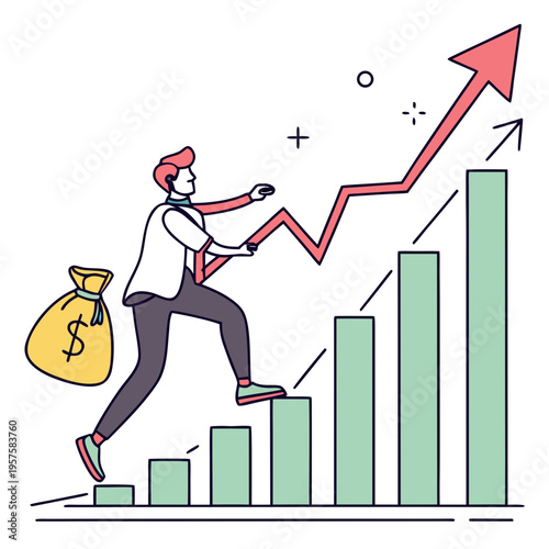 A man climbing a bar graph with a money bag