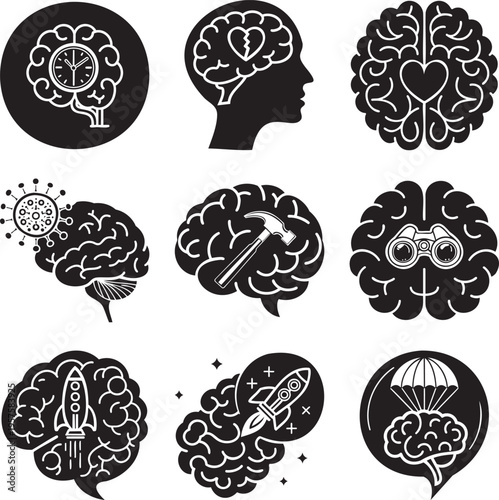 Nine black and white brain concept with white outlines msea set mind thinking idea