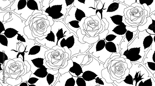 Seamless Rose and Thorn Pattern with Minimalist Line Art Flowers and Black Leaf Silhouettes
