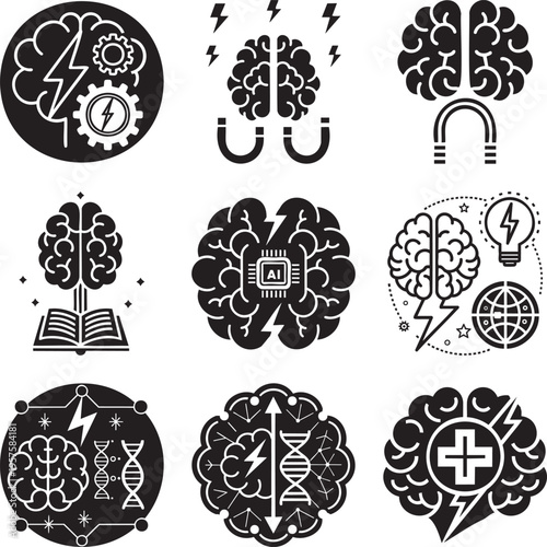 Nine black and white depicting brains with science and technology concepts msea set