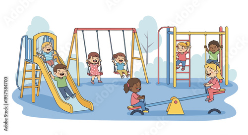 Diverse children playing joyfully on playground equipment: slide, swings, seesaw, and climbing frame.