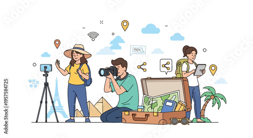 Travelers capturing memories and planning adventures with technology and maps.