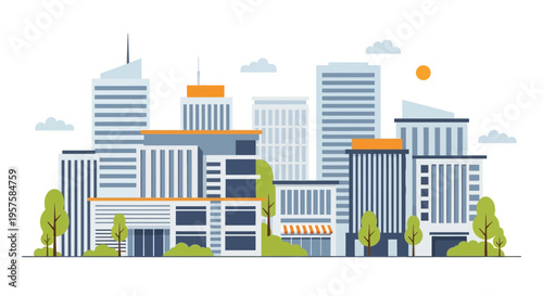 Modern Cityscape Skyline with Tall Buildings, Trees, and Sun - Flat Illustration