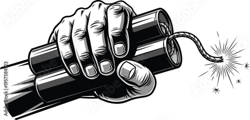 Hand gripping dynamite bundle with lit fuse, bold black and white vector illustration symbolizing danger, urgency, and explosive tension 