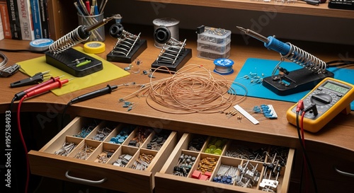 A detailed electronics repair or DIY hobbyist workspace featuring soldering irons, a multimeter, spools of copper wire, and drawers organized with various electronic components.