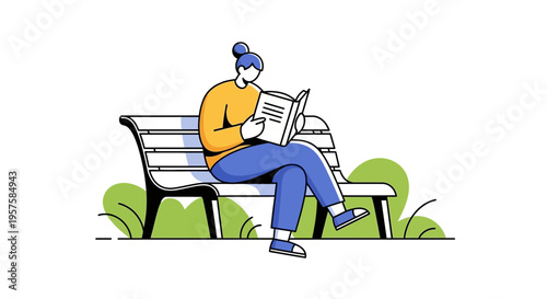 Woman Reading Book on Park Bench, Outdoor Leisure Activity, Simple Flat Illustration