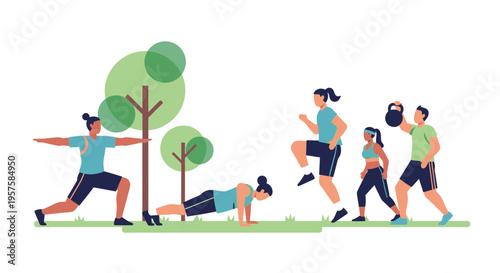 Diverse Group Exercising Outdoors: Yoga, Running, Push-ups, Kettlebell Training
