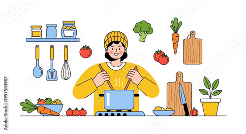 Happy Woman Cooking Healthy Food in Kitchen, Vegetables and Utensils - Flat Illustration