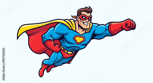 Superhero flying in action with cape and mask comic book illustration