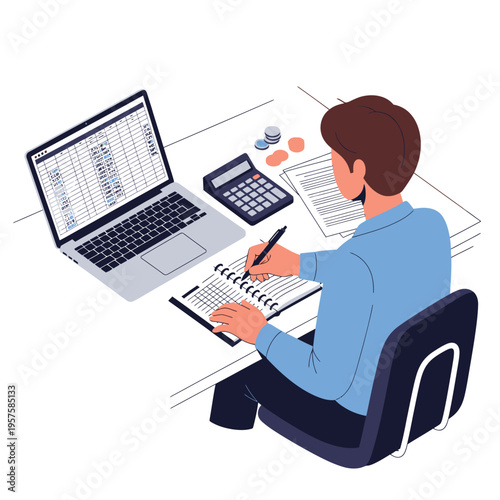 Accountant working at desk with laptop, calculator, and papers