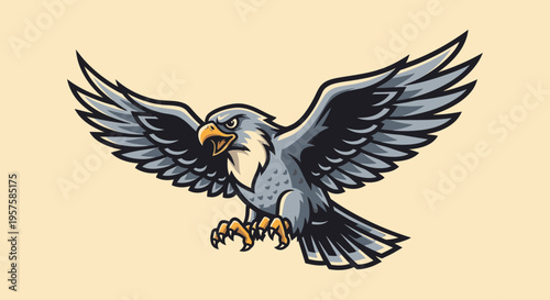 Soaring eagle illustration with open wings ready for flight on light background