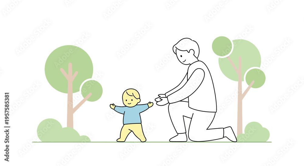 Naklejka premium Father watching baby's first steps in park, illustration, childhood, learning to walk