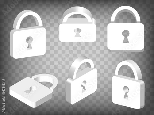 Set of 3d Lock sign on transparent background. Lock sign three dimentional icon illustration with different views and angles.  Abstract concept of graphic elements for your design
