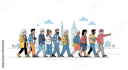 Diverse group of tourists following a guide, exploring city landmarks with iconic architecture