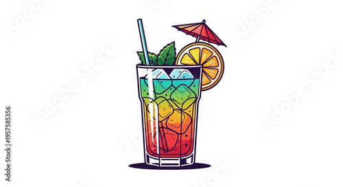 Colorful Tropical Cocktail with Ice, Mint, Lemon, and Umbrella