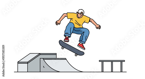 Skater performing a jump trick on a skateboard ramp, mid-air action shot
