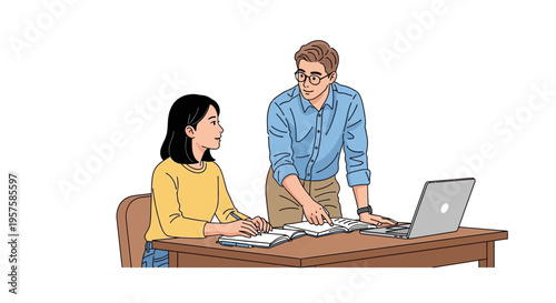 Diverse colleagues collaborating on a project with laptop and papers