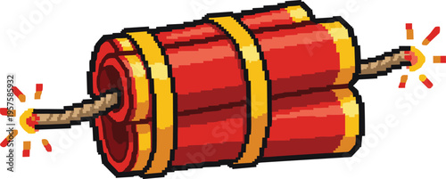 Pixel art dynamite bundle with lit fuses and sparks, retro video game style explosive vector illustration for digital design