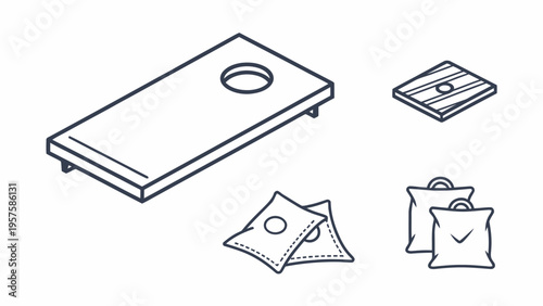 Outline illustration of cornhole game elements including board, target, and bean bags in a simple isometric view, bean bag toss