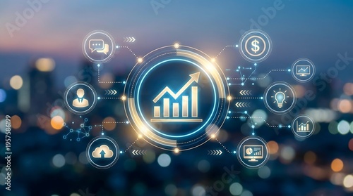 Financial growth graph with upward arrow on digital interface for business analytics