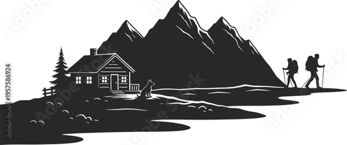 Black and white illustration of house and mountains with people hiking and dog  serene landscape