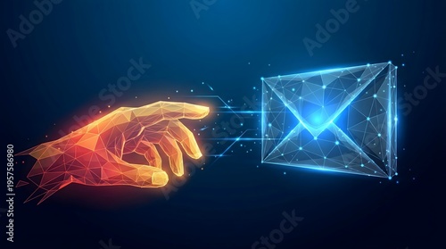 Businessman hand touching glowing digital envelope icon for email marketing and communication concept.