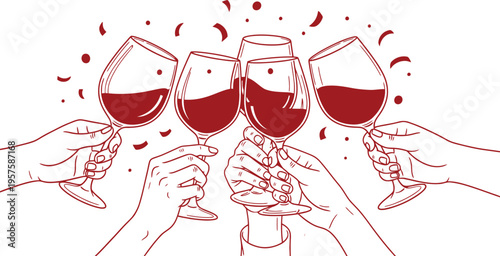 Hands clinking wine glasses in a celebratory toast with red wine and confetti