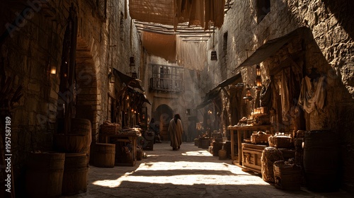 Christ declaring with authority within a bustling marketplace setting frozen in stillness, structured environment of stalls and pathways, dramatic directional lighting carving strong shadows across ar