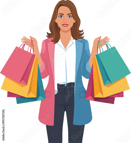 Woman holds many colorful shopping bags with purchases in both hands.