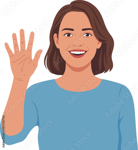 Smiling young woman with brown hair cheerfully waves hello with an open hand.