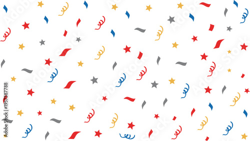 Colorful confetti and stars falling on white background for celebration decoration design