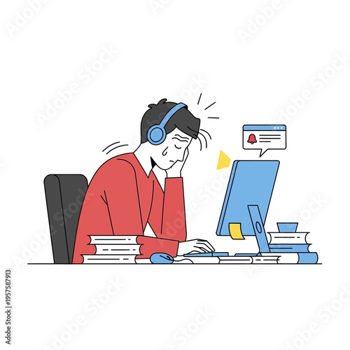 Overwhelmed Tasks Flat Illustration of a Stressed Remote Worker