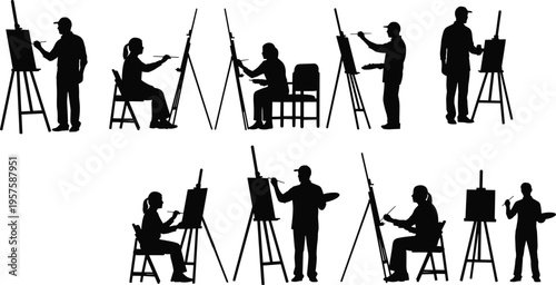 WebArtist painting on easel silhouette set isolated on white background, people drawing and sketching, creative art workshop vector illustration collection