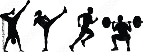 Athlete and fitness silhouette set isolated on white background, people doing sports, martial arts, running, gymnastics, and weightlifting vector illustration