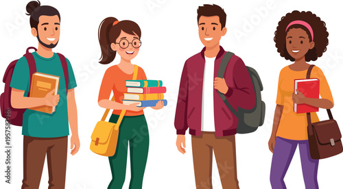 Diverse group of happy international college students with backpacks and books standing together, university education and campus lifestyle